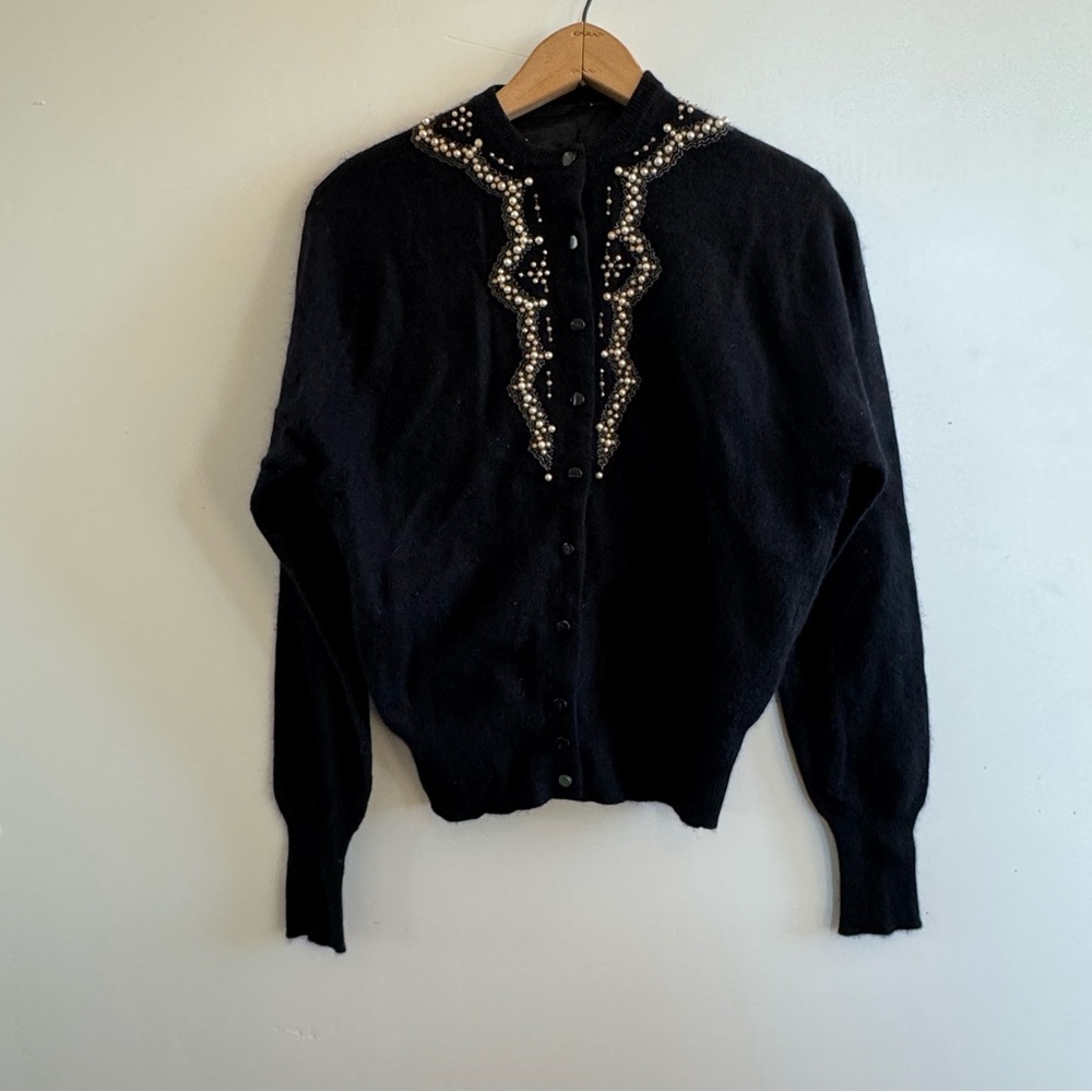 Vintage Black Cardigan Sweater with High Neckline and Decorative Pearl Trim